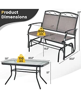 Gymax 2 Pcs Patio Glider Conversation Set Outdoor Loveseat Glider Chair w/ Tempered Glass Coffee Table