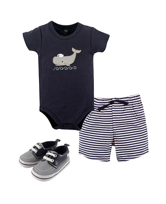 Hudson Baby Baby Boys Hudson Cotton Bodysuit, Shorts and Shoe 3pc Set, Sailor Whale, 6-9 Months