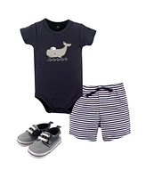 Hudson Baby Baby Boys Hudson Cotton Bodysuit, Shorts and Shoe 3pc Set, Sailor Whale, 6-9 Months