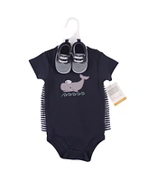 Hudson Baby Baby Boys Hudson Cotton Bodysuit, Shorts and Shoe 3pc Set, Sailor Whale, 6-9 Months