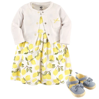 Hudson Baby Girls Cotton Dress, Cardigan and Shoe 3pc Set, Lemon, 9-12 Months