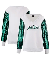 Cuce Women's White/Green New York Jets Sequin Sleeve V-Neck Pullover Sweatshirt