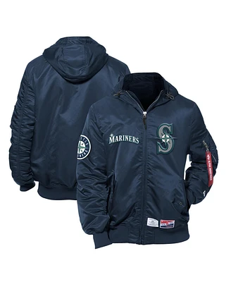 New Era Men's x Alpha Industries Navy Seattle Mariners Current Day Full-Zip Hooded Nylon Bomber Jacket