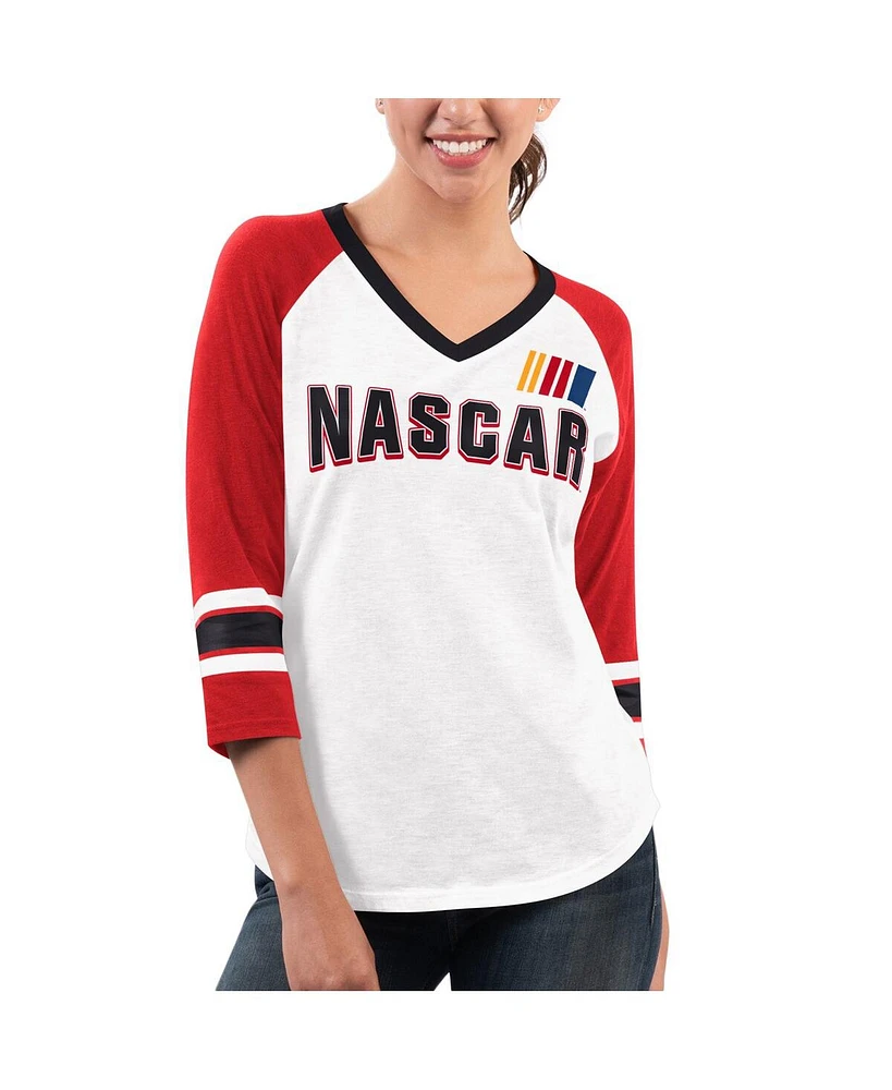G-iii 4her By Carl Banks Women's White/Red Nascar Merchandise Top Team V-Neck 3/4 Sleeve T-Shirt