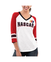 G-iii 4her By Carl Banks Women's White/Red Nascar Merchandise Top Team V-Neck 3/4 Sleeve T-Shirt