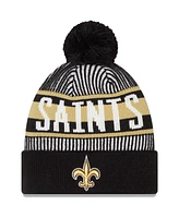 New Era Men's Black New Orleans Saints Striped Cuffed with Pom Knit Hat