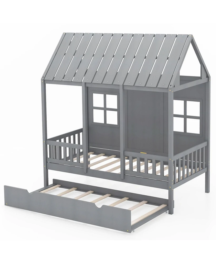 Bed Frame House Bed with Trundle and Tall Roof