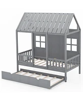 Bed Frame House Bed with Trundle and Tall Roof