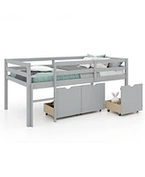 Low Loft Bed with 3 Drawers Ladder and Full-length Guardrails