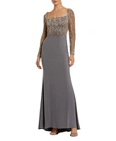 Women's Beaded Square Neck Long Sleeve Jersey Gown