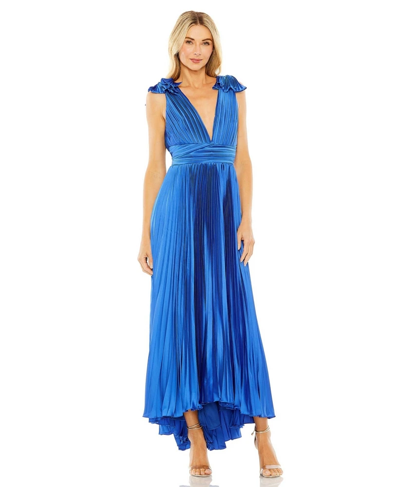 Women's Ruffle Top Sleeveless V Neck Pleated Gown