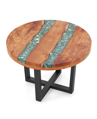 24" Round Teak Wood End Table with Epoxy Resin Tabletop Mahogany Base for Patio