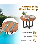 24" Round Teak Wood End Table with Epoxy Resin Tabletop Mahogany Base for Patio