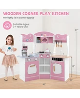 Corner Wooden Play Kitchen with Coffee Maker & Slide Fun Interactive Set for Kids