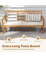 Patio Wood Bench with Seat Cushion and Slatted Seat for Backyard