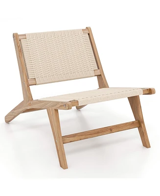 Teak Wooden Chair with Braided Rope Seat and Backrest for Backyard