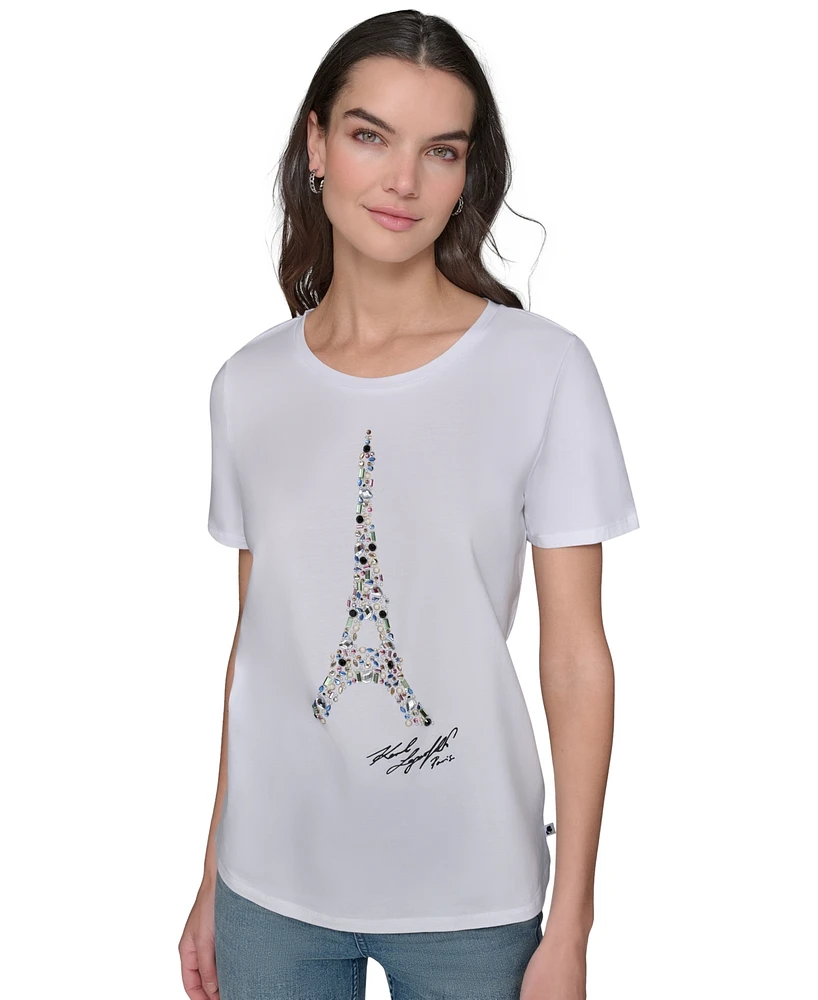 Karl Lagerfeld Paris Women's Jewel Eiffel Crewneck T-Shirt