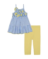 Kids Headquarters Toddler and Little Girls 2-Piece Floral Gingham Pique Tunic Top Capri Legging Set