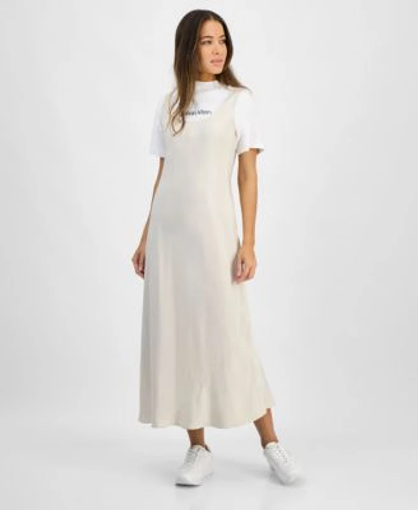 Calvin Klein Jeans Logo T Shirt Twill Slip Dress