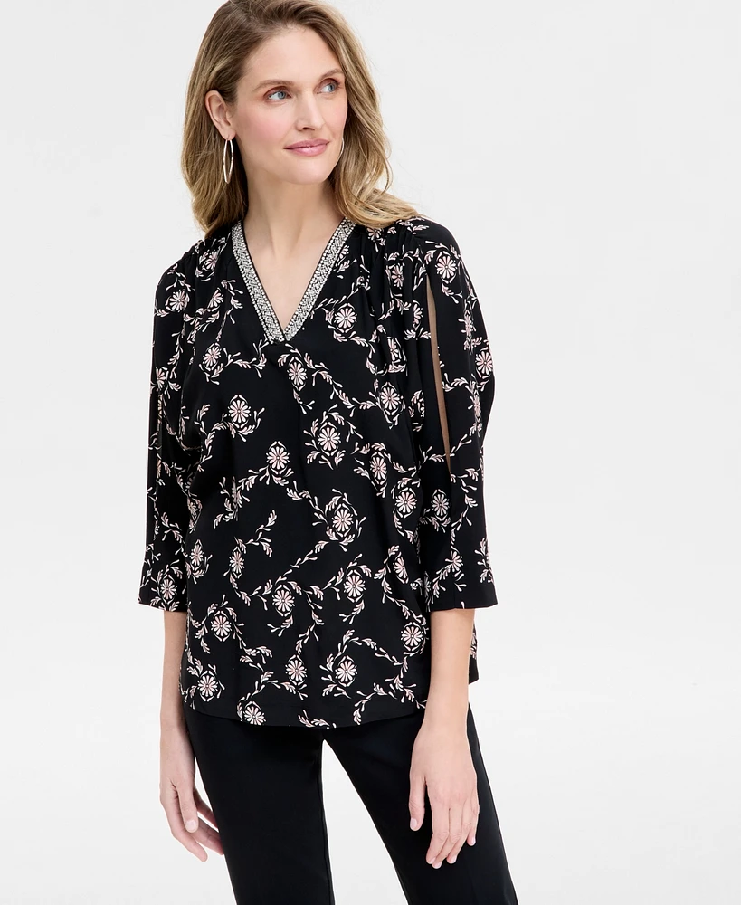 Jm Collection Women's V-Neck Slit-Sleeve Top, Exclusively at Macy's