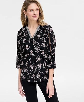 Jm Collection Women's V-Neck Slit-Sleeve Top, Exclusively at Macy's