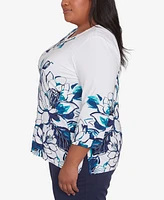 Alfred Dunner Plus Nantucket Fineline Floral Three Quarter Sleeve Top