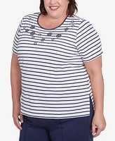 Alfred Dunner Plus Nantucket Beaded Floral Striped Crew Neck T-Shirt