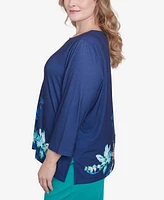 Alfred Dunner Plus Nantucket Asymmetric Floral Beaded Split Neck Top