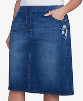 Alfred Dunner Plus Flower Power Floral Embroidered Denim Skirt