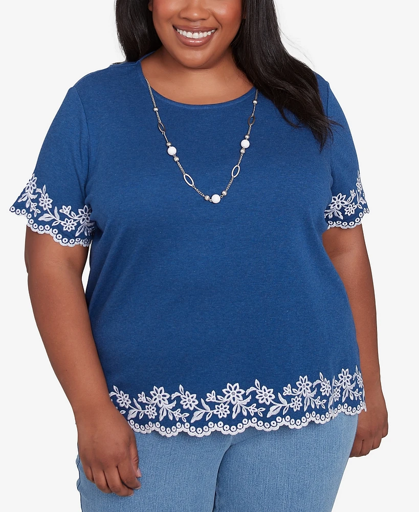 Alfred Dunner Plus Flower Power Border Embroidery T-Shirt with Necklace