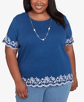 Alfred Dunner Plus Flower Power Border Embroidery T-Shirt with Necklace