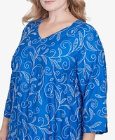 Alfred Dunner Plus Parrot Cay Scroll Embroidered Cuff Sleeve Top