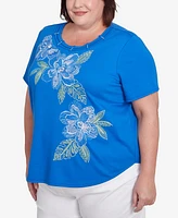 Alfred Dunner Plus Parrot Cay Tropical Floral Embroidered T-Shirt