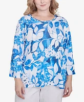 Alfred Dunner Plus Parrot Cay Monotone Cobalt Floral Top