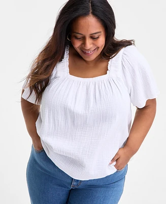 Style & Co Plus Smocked-Square-Neck Short-Sleeve Cotton Top, Exclusively at Macy's