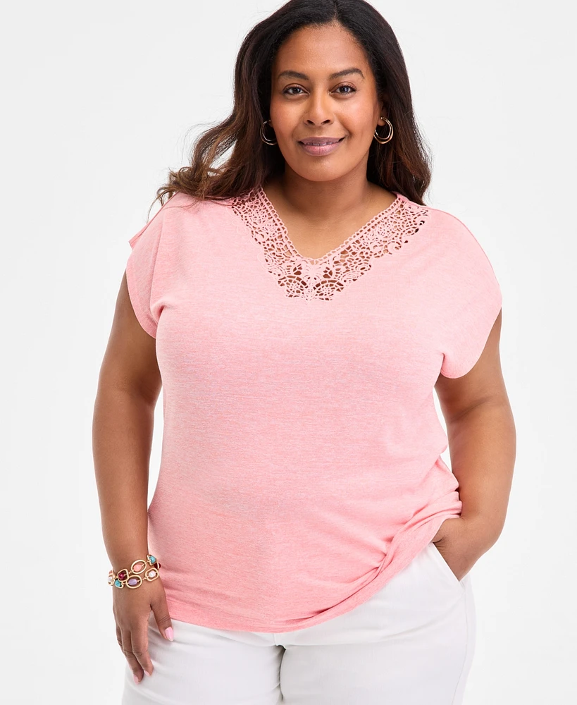 Style & Co Plus Lace-Trim-v-Neck Short-Sleeve T-Shirt, Exclusively at Macy's