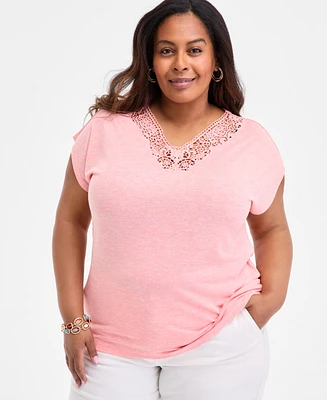 Style & Co Plus Lace-Trim-v-Neck Short-Sleeve T-Shirt, Exclusively at Macy's