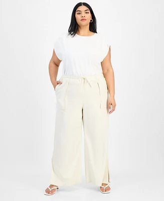 Bar Iii Trendy Plus Split-Hem Wide Linen Pants, Exclusively at Macy's