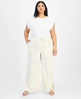 Bar Iii Trendy Plus Split-Hem Wide Linen Pants, Exclusively at Macy's