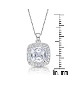 Sterling Silver White Gold Plated with Clear Cubic Zirconia Square Shape Pendant Necklace