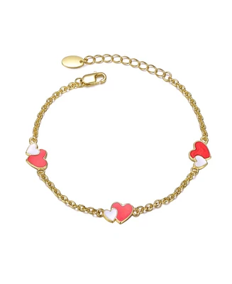 GiGiGirl Sterling Silver 14K Gold Plated Red & White Enamel Double Heart Charm Bracelet