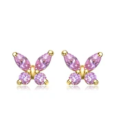 GiGiGirl Sterling Silver 14K Gold Plated with Pink Cubic Zirconia Flower Butterfly Stud Earrings