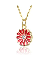 GiGiGirl Sterling Silver 14k Gold Plated Red Enamel and Cubic Zirconia Flower Pendant Necklace