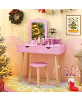 Kid Vanity Table and Chair Set with Mirror and 2 Large Storage Drawers Stylish Dressing Set for Kids