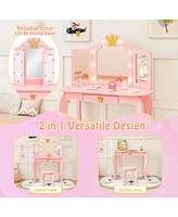 Kids Vanity Set with Tri-Fold Lighted Mirror, Detachable Top, and Stool Fun Dressing Table for