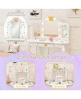 Kids Vanity Set with Tri-Fold Lighted Mirror, Detachable Top, and Stool Fun Dressing Table for Kids