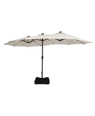 15 Ft Double-Head Patio Umbrella with Base Included Large Outdoor Solar Detachable Lights Rectangular Crank Market Umbrella, Red