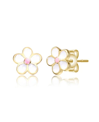 GiGiGirl Sterling Silver 14K Gold Plated with White and Pink Enamel Flower Screw Back Earrings