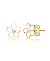 GiGiGirl Sterling Silver 14K Gold Plated with White and Pink Enamel Flower Screw Back Earrings