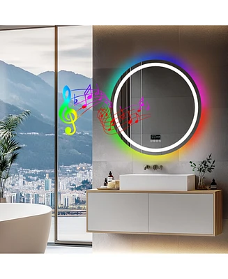 Luvodi 31.5 x 31.5 In Round Lighted Bathroom Mirror with Bluetooth, Front-lit Lights and Rgb Backlight